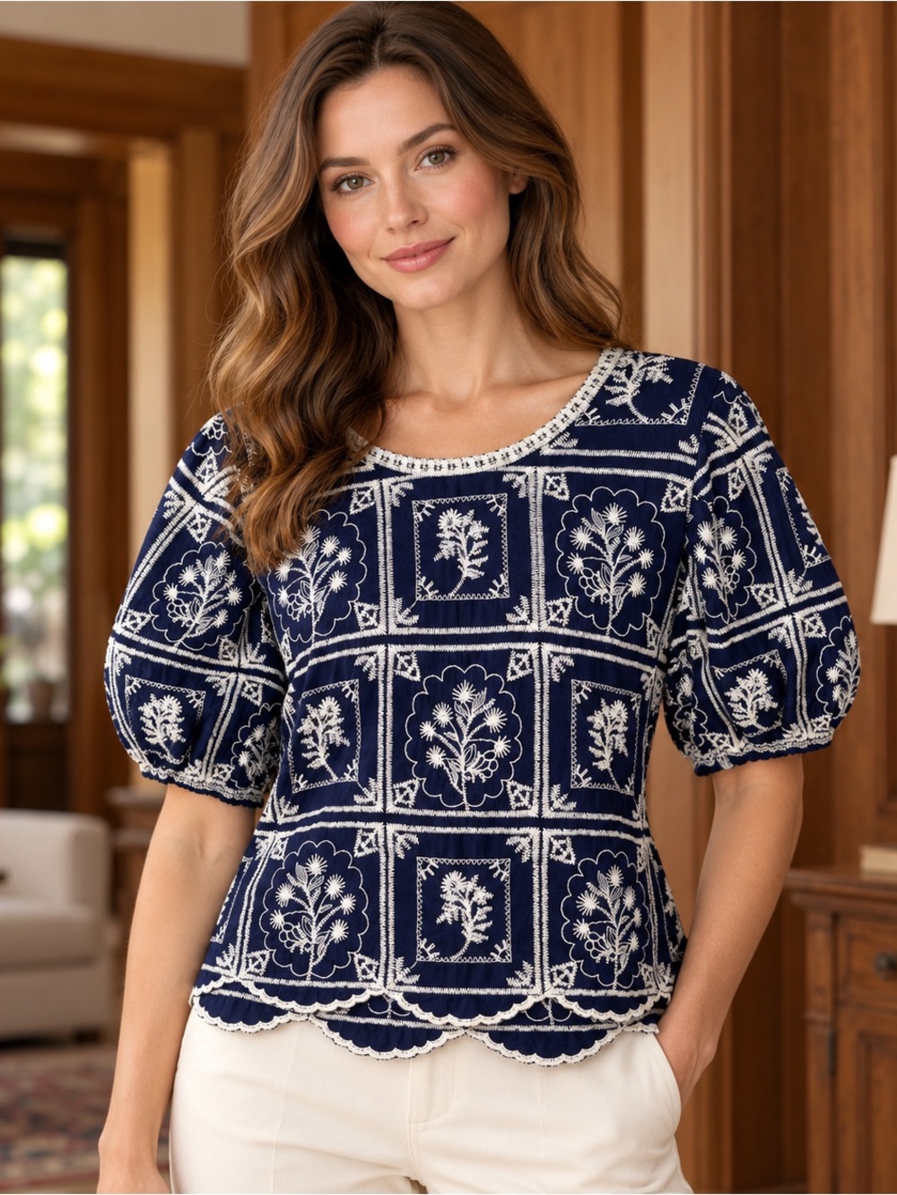 Solitaire Anthropologie Floral Embroidered Peasant Boho Chic Top
